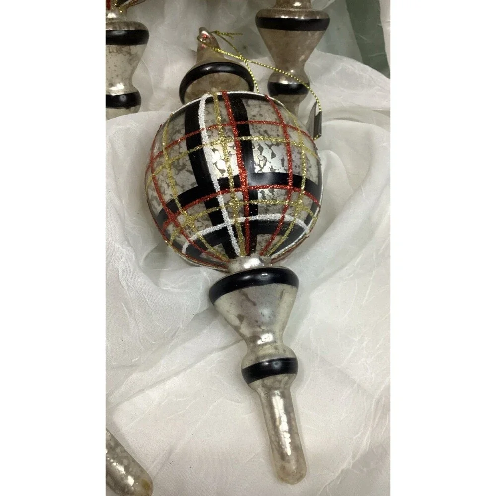 Mercury Glass Finial Christmas Plaid Ornaments X5 Black, Red, Gold & Silver 9